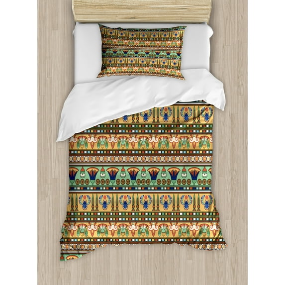 Egyptian Duvet Cover Set Twin Size, Ethnic Motifs Pattern with Lily Flower and Scarab Figures Abstract Artistic Design, Decorative 2 Piece Bedding Set with 1 Pillow Sham, Multicolor, by Ambesonne