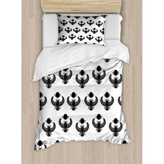 Egyptian Duvet Cover Set Twin Size, Legendary Beetle Scarab Silhouettes Folkloric Fantasy Bug Insect with Wings Art, Decorative 2 Piece Bedding Set with 1 Pillow Sham, Black White, by Ambesonne