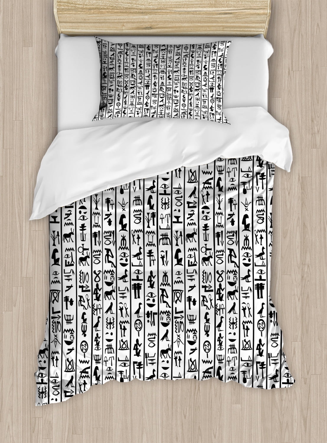 Twin Black and White Egyptian Hieroglyphics Duvet Cover Set