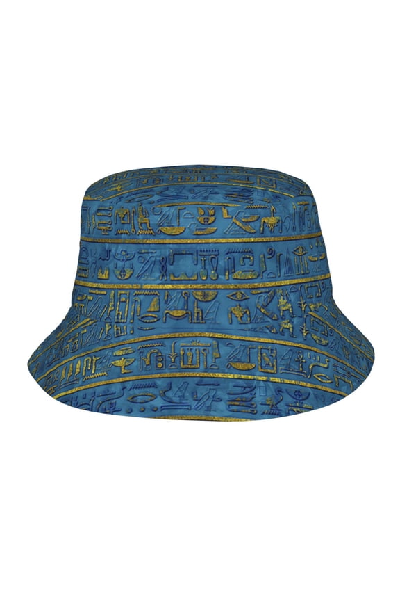 Egyptian Egypt Hieroglyphs Gold Blue Bucket Hat,Packable Sun Cap,Max Protection For Uva,Perfect For Fishing Gardening Hiking Camping