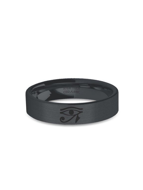 Egyptian Eye Ra Horus Engraved Black on Black Brushed Ceramic Ring, 6mm, Size 14