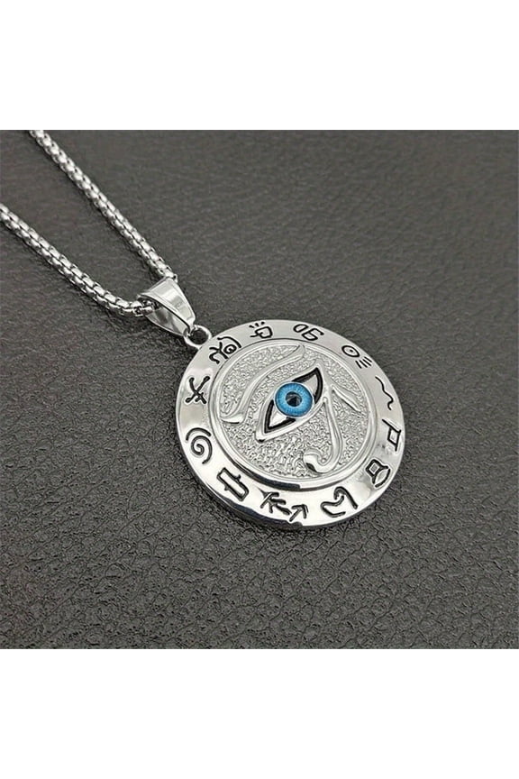 Egyptian Eye of Horus Ra Pendant Necklace, 316L Stainless Steel, Silvery or Golden Finish