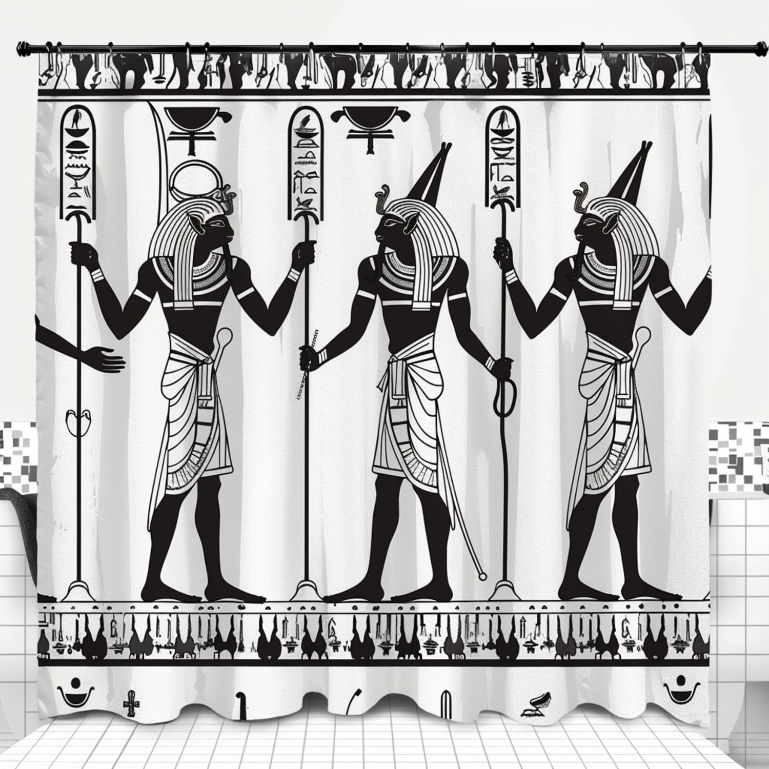 Egyptian God Anubis Shower Curtain with Staff Motif Design Black and