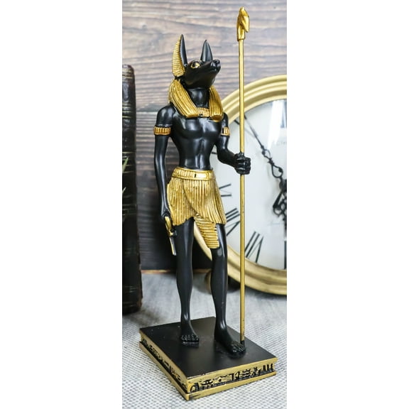 Egyptian God Anubis With Staff and Ankh Standing On Hieroglyphic Base Figurine