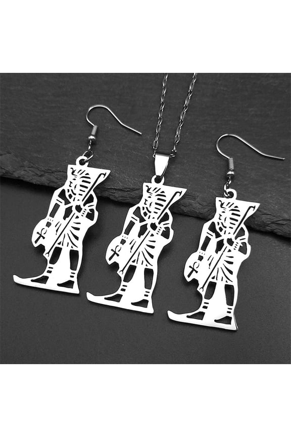 Egyptian God Bastet Anka Cross 14K Yellow Gold Pendant Necklace Earring Set For Women Men Golden Silver Color Anubis Male Chain Jewelry