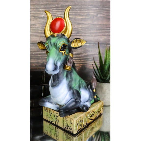 Egyptian Goddess Of Love Hathor Ra Cow Sitting On Hieroglyphic Base Figurine