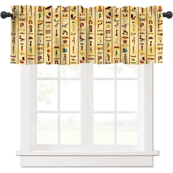 Egyptian Hieroglyphics Window Valance, Vintage Old Paper Ancient Egyptian History Symbols Print Blackout Window Treatment Curtain for Kitchen Bedroom Bathroom, 54x18inch
