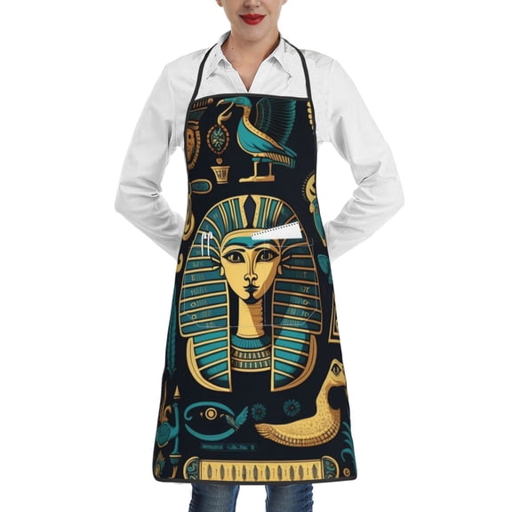 Egyptian Hieroglyphs Mascots Symbols Retro Apron with Pocket Cooking Waterproof Bib Aprons for Kitchen Baking Chef Gardening BBQ