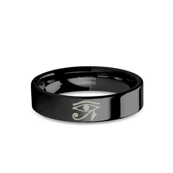 Egyptian Horus Eye Glyph Laser Engraved Black Tungsten Carbide Ring, 6mm, Size 6.5