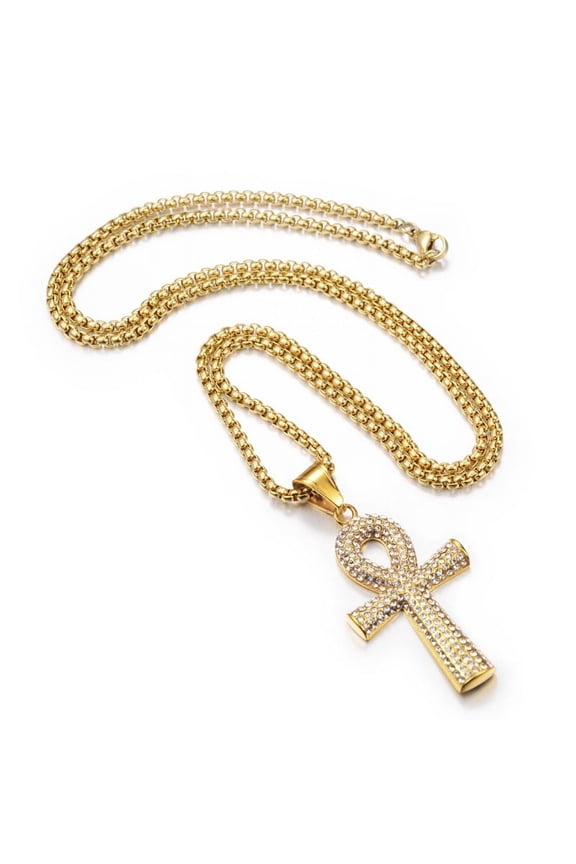 Egyptian Iced Out Ankh Cross Pendant Necklace For Women Men 14K Yellow Gold Chains Hiphop Ancient Egypt Jewelry