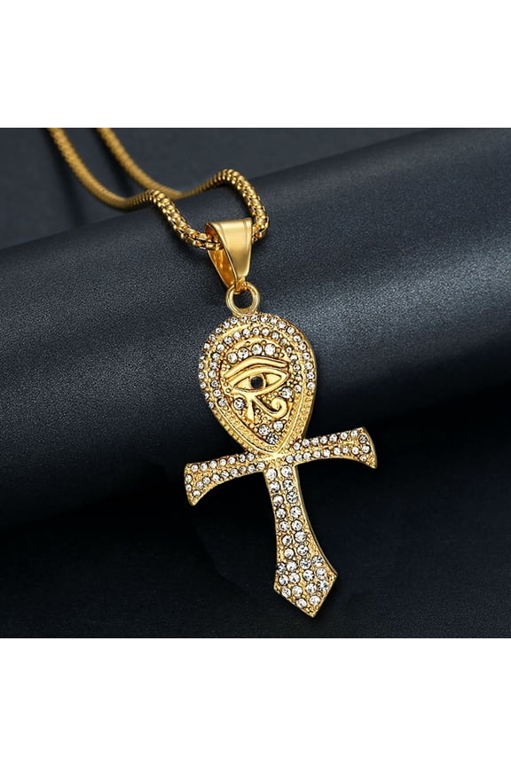 Egyptian Iced Out Bling Eye of Horus Ankh Cross Pendant 14K Yellow Gold Amulet Necklace For Men Egypt Jewelry Gift