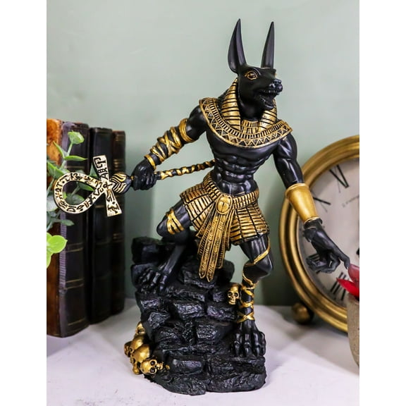 Egyptian Jackal God Anubis With Ankh Staff Spear On Skull Graveyard Figurine