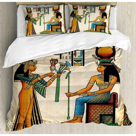 Egyptian King Size Duvet Cover Set, Old Egyptian Papyrus Depicting Queen Nefertari with Historical Empire Artwork, Decorative 3 Piece Bedding Set with 2 Pillow Shams, Multicolor, by Ambesonne