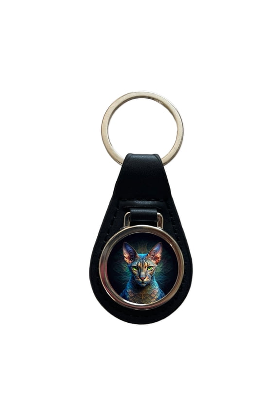 Egyptian Mau Cat Abstract Art Metal Black Leather Keychain