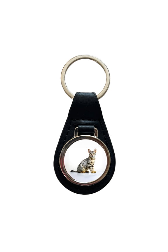 Egyptian Mau Cat Photo Metal Black Leather Keychain