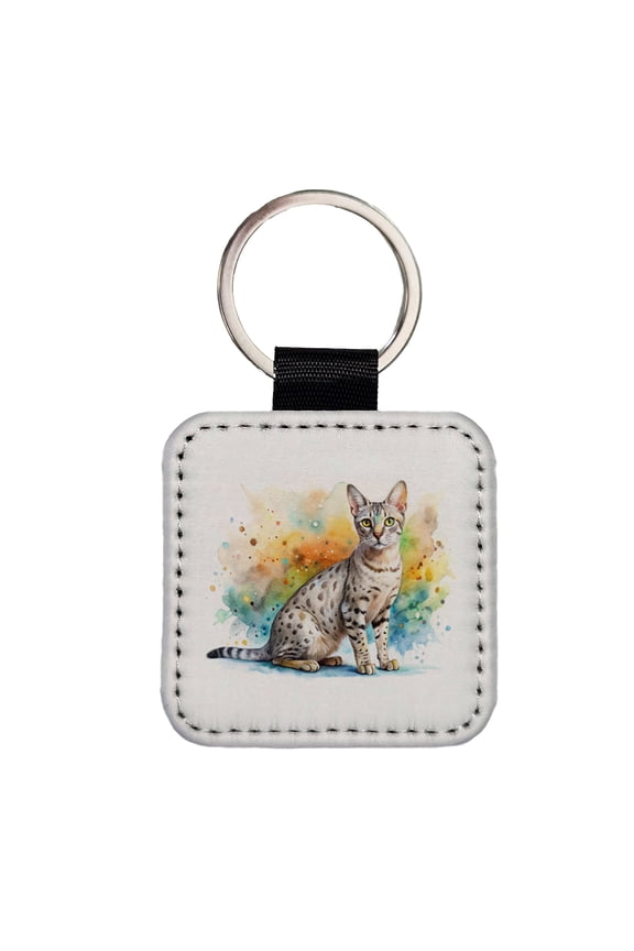 Egyptian Mau Cat Watercolor Style Faux Leather Square Keychain