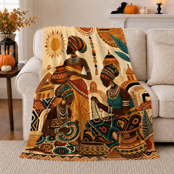 Egyptian Musicians with Sun and Patterned Instruments, Regal Folk Art Scene for History Lovers, Birthday Gift, Cozy Flannel Blanket for Bedroom and Study Room, Artistic Home Decor