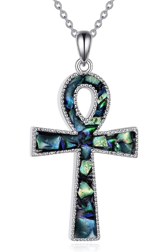 Ankh Cross Necklace 925 Sterling Silver Crushed Abalone Cross Pendant Egyptian Religious Faith Crucifix Protection Jewelry for Men Women