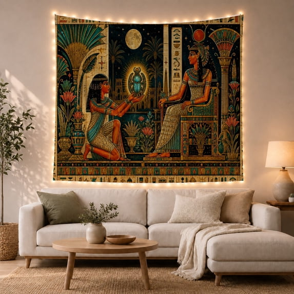 Egyptian Nighttime Left with Kneeling Female Figure, Serene Japanese Inspired for Japanese Art Lovers, Wall Decor, Mother'S Day Gift, Tapestry Wall Hanging for Dorm and Living Room