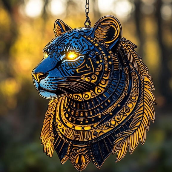 Egyptian Panther Acrylic Suncatcher Pharaoh Cat Faux Stained Glass Window Hanging, Mystic Gift For Cat Lovers
