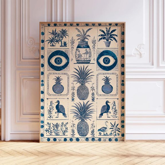 Egyptian Pattern Boho Authentic Botanical Floral Blue Aesthetic Unframed Paper Print