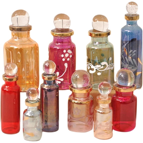 Egyptian Perfume bottles, Empty Glass Mini Bottles for Perfume, Essential Oils or Potion - Set of 10 Decorative Small Vials, Each 2" High (5cm), Assorted Colors