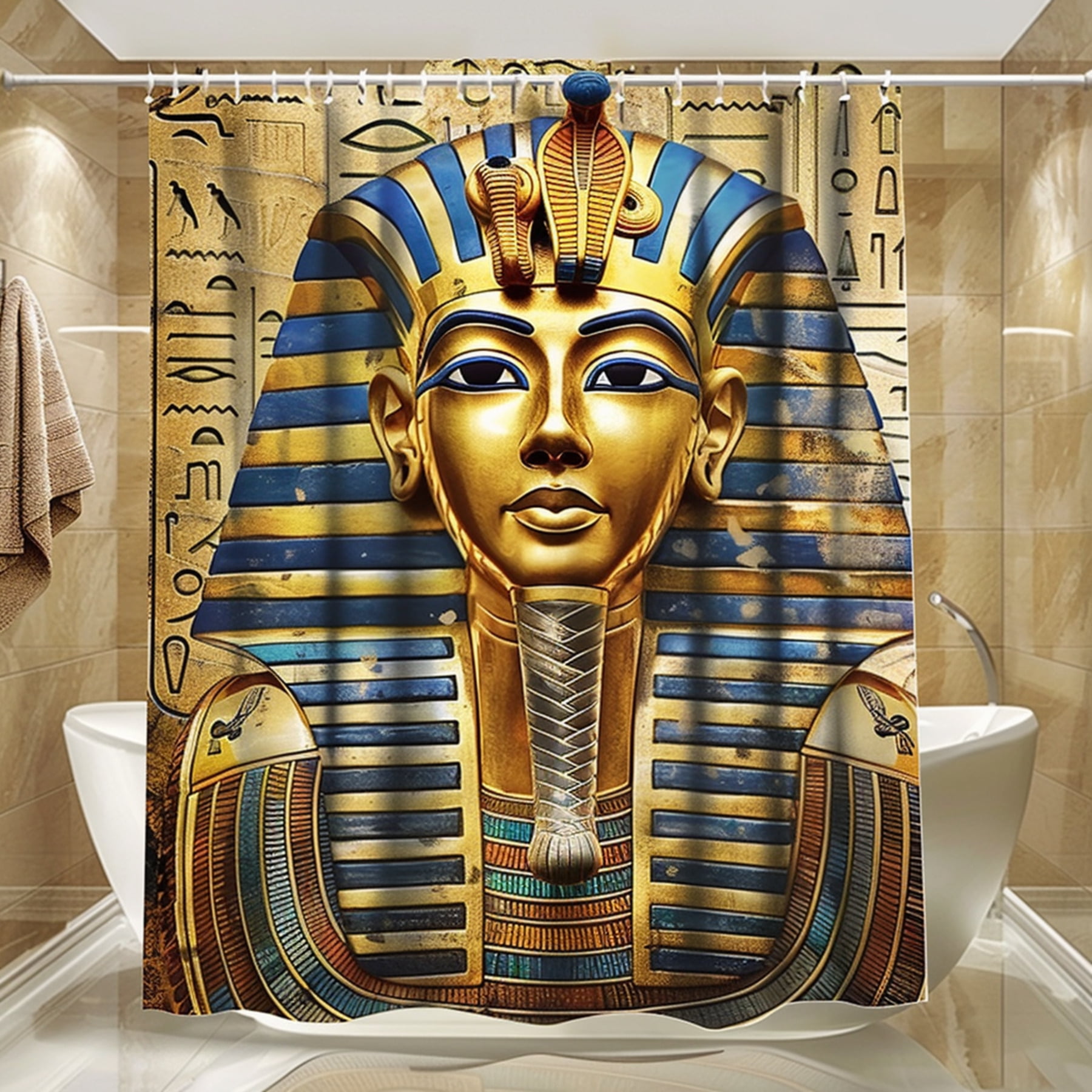 Egyptian Pharaoh Inspired Shower Curtain Luxurious Golden and Blue