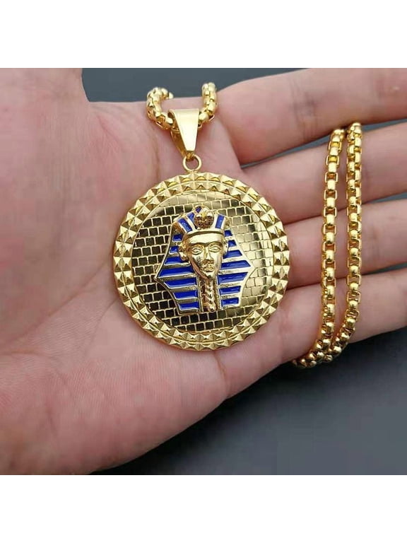 Egyptian Pharaoh Round Medallion Pendant Necklace for Men & Women, 14K Gold Filled Jewelry for Casual Occasions, EyeCatching AncientInspired Statement Piece