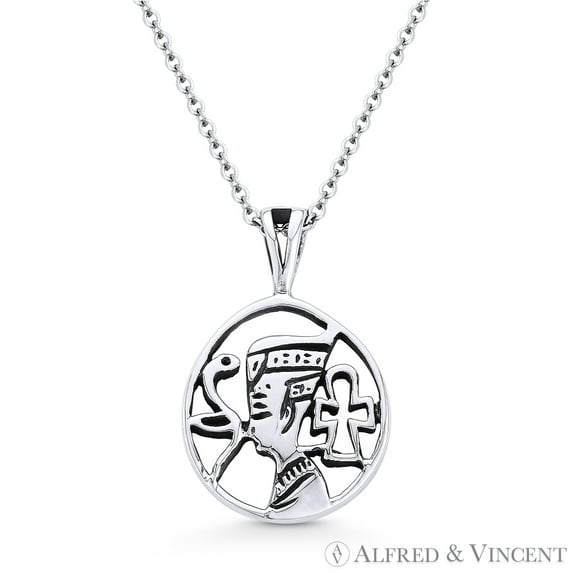 Egyptian Pharaoh, Snake, & Ankh Charm Pendant & Chain Necklace in Oxidized .925 Sterling Silver