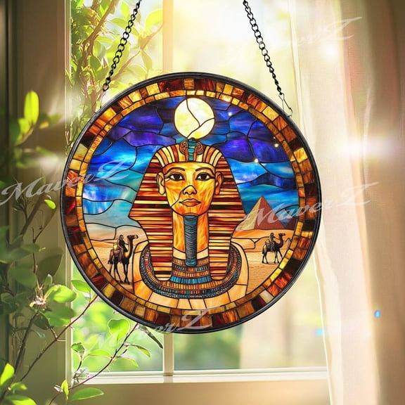 Egyptian Pharaoh Suncatcher: Pyramidandcamel Glass Window Art, Suncatcher Window Hanging, 6.3 in