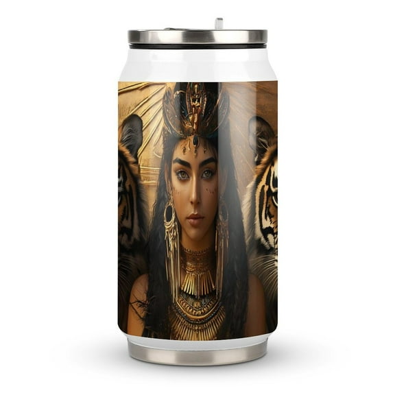 Egyptian Princess And Tigers Coffee Tavel Tumblers with Lid and Straw Stainless Steel Vacuum Insulated Mug Wine Glasses Tea Cup for Hot and Cold 300ml