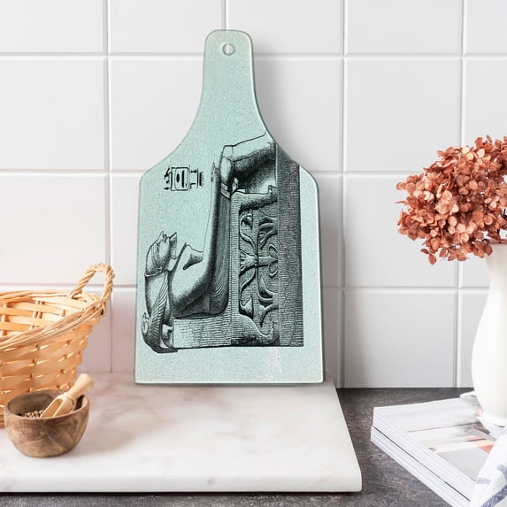Egyptian Print Cutting Board, Antique Era Egypt Pharaoh King Pose with a Bird Hawk Sketch Image, Decorative Tempered Glass Cutting and Serving Board, Wine Bottle Shape, Black and White, by Ambesonne
