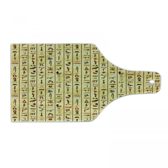 Egyptian Print Cutting Board, Colorful Hieroglyphics on Papyrus Old Paper Style Background Cairo Culture, Tempered Glass Cutting and Serving Board, Wine Bottle Shape, Multicolor, by Ambesonne