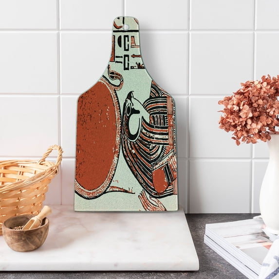 Egyptian Print Cutting Board, Papyrus with Graphic with Egyptian Language Vintage Art, Decorative Tempered Glass Cutting and Serving Board, Wine Bottle Shape, Red Cream, by Ambesonne