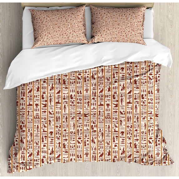 Egyptian Print Duvet Cover Set, Continuous Hieroglyphs and Pattern Vertical Order, Decorative 3 Piece Bedding Set with 2 Pillow Shams, Queen Size, Dark Orange Pale Redwood, by Ambesonne