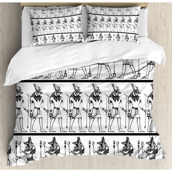Egyptian Print Duvet Cover Set, Hieroglyphics with Anubis Traditional Cultural Mummy After Life Art, Decorative 3 Piece Bedding Set with 2 Pillow Shams, King Size, Black White, by Ambesonne