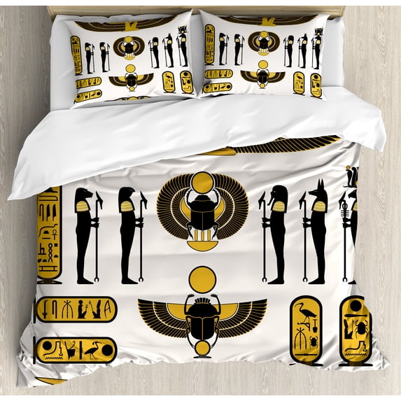 Egyptian Print Duvet Cover Set, Old Historical Egyptian Myth Mummy Sun Art Illustration, Decorative 3 Piece Bedding Set with 2 Pillow Shams, Queen Size, Yellow Black, by Ambesonne