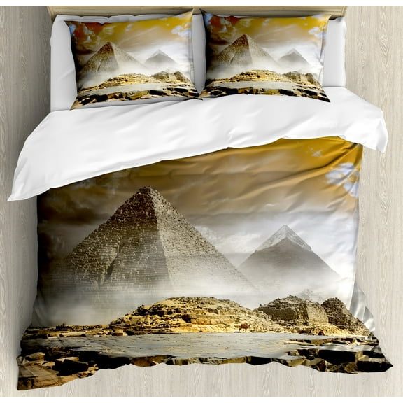 Egyptian Print Duvet Cover Set, Storm Clouds over Pyramids Photo of Culture Eastern Art, Decorative 3 Piece Bedding Set with 2 Pillow Shams, Calking Size, Cream Orange, by Ambesonne