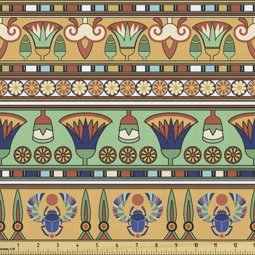 Egyptian Print Fabric by the Yard Upholstery, Motifs Pattern Lily Flower and Scarab Abstract Design, Decorative Fabric for DIY and Home Accents, 1 Yard, Multicolor by Ambesonne