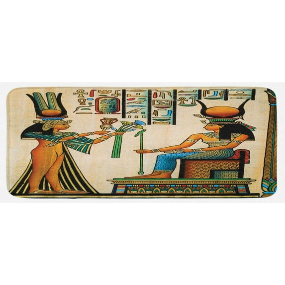 Egyptian Print Kitchen Mat, Old Papyrus Depicting Queen Nefertari Historical Empire Art, Plush Decorative Kitchen Mat with Non Slip Backing, 47" X 19", Beige Orange
