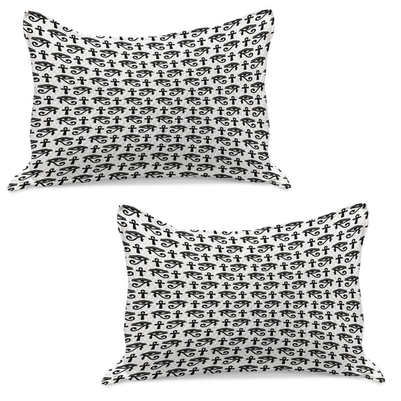 Egyptian Print Knitted Quilt Pillowcover Set of 2, Egyptian Hieroglyphic Pattern Eye Motif Vintage Illustration, Standard Queen Pillow Sham Bedroom, 30" x 20", Black and White, by Ambesonne