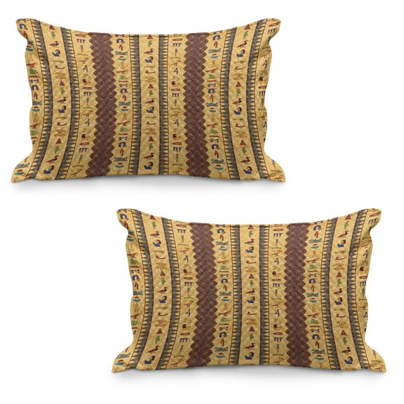 Egyptian Print Quilted Pillowcover Set of 2, Hieroglyphs and Floral Geometric Ornament Border Aged Paper Style Backdrop, Standard Queen Size Pillow Cover Bedroom, 30" x 20", Multicolor, by Ambesonne