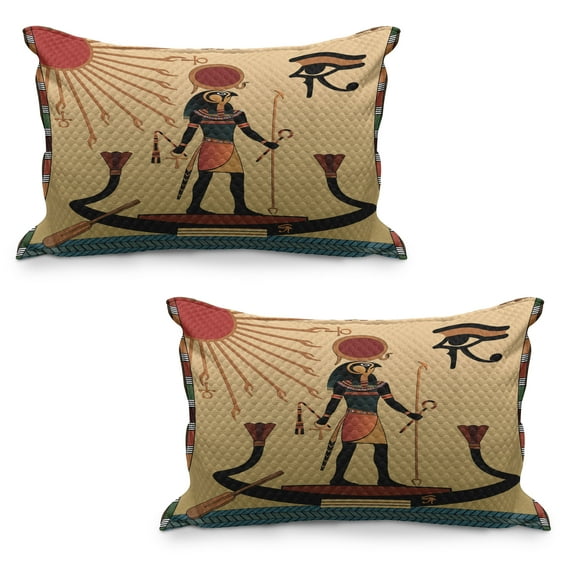 Egyptian Print Quilted Pillowcover Set of 2, Sun Old Egyptian Timeless Grace Antique Tradition Illustration, Standard Queen Size Pillow Cover for Bedroom, 36" x 20", Multicolor, by Ambesonne