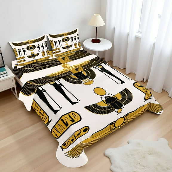 Ambesonne Egyptian Fitted & Top Sheet Set with Shams, Mythical, Yellow Black