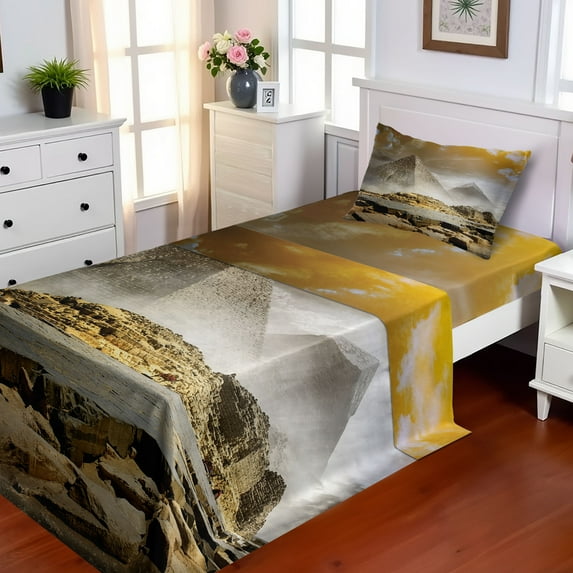 Ambesonne Egyptian Fitted & Top Sheet Set with Sham, Pyramids with Clouds Image, Cream Orange