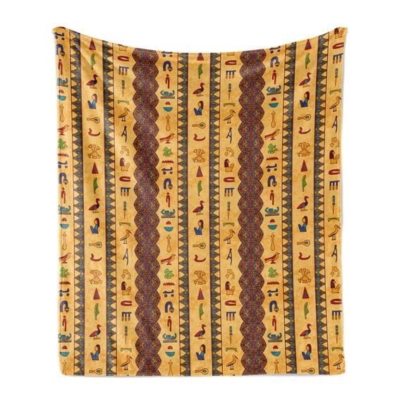 Egyptian Print Soft Flannel Fleece Blanket, Hieroglyphs and Floral Geometric Ornament Border Aged Paper Style Backdrop, Cozy Plush for Indoor and Outdoor Use, 60" x 80", Multicolor, by Ambesonne