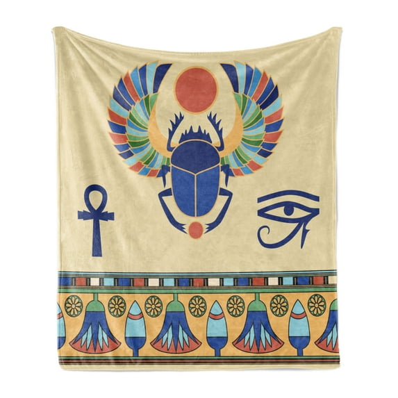 Egyptian Print Soft Flannel Fleece Throw Blanket, Antique Historical Culture of Scarab Eye Ornaments, Cozy Plush for Indoor and Outdoor Use, 50" x 70", Multicolor, by Ambesonne