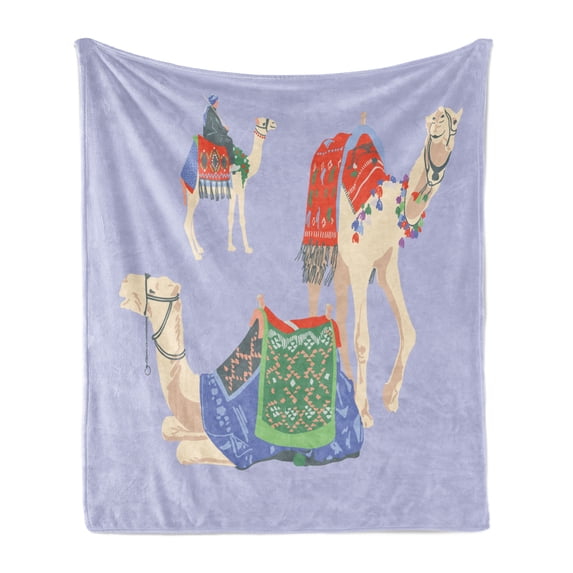 Egyptian Print Soft Flannel Fleece Throw Blanket, Cartoon of Camels with Rugs Indigenous Animal, Cozy Plush for Indoor and Outdoor Use, 60" x 80", Multicolor, by Ambesonne