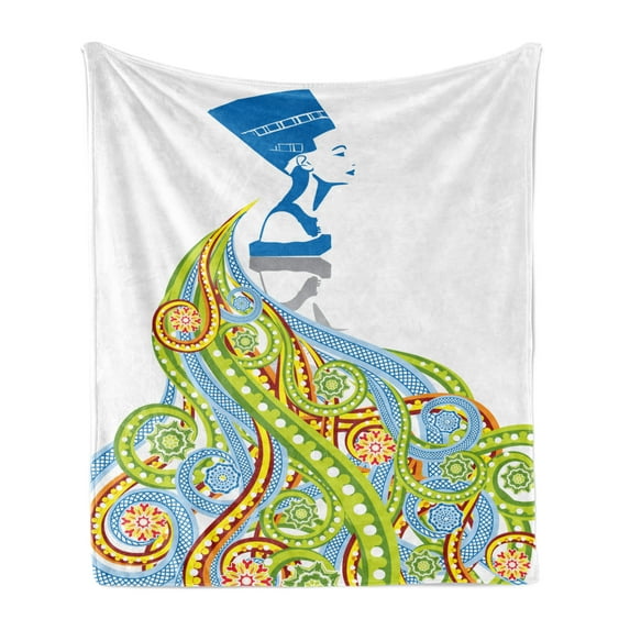 Egyptian Print Soft Flannel Fleece Throw Blanket, Contemporary Illustration of Egyptian Woman Pharaoh with Her Crown Queen, Cozy Plush for Indoor and Outdoor Use, 50" x 60", Multicolor, by Ambesonne