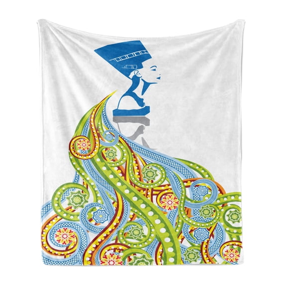Egyptian Print Soft Flannel Fleece Throw Blanket, Contemporary Illustration of Egyptian Woman Pharaoh with Her Crown Queen, Cozy Plush for Indoor and Outdoor Use, 50" x 70", Multicolor, by Ambesonne